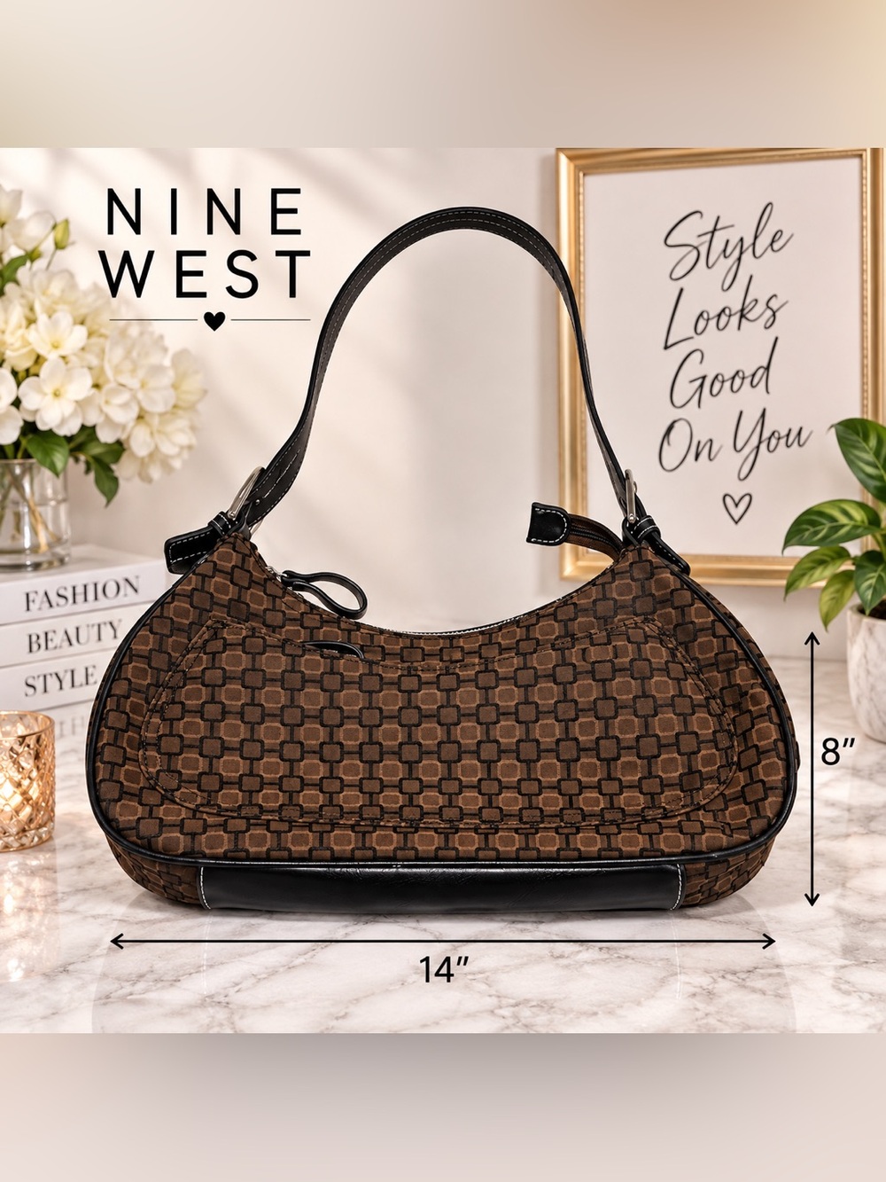 Nine West Brown & Black Monogram Shoulder Bag Hobo Purse